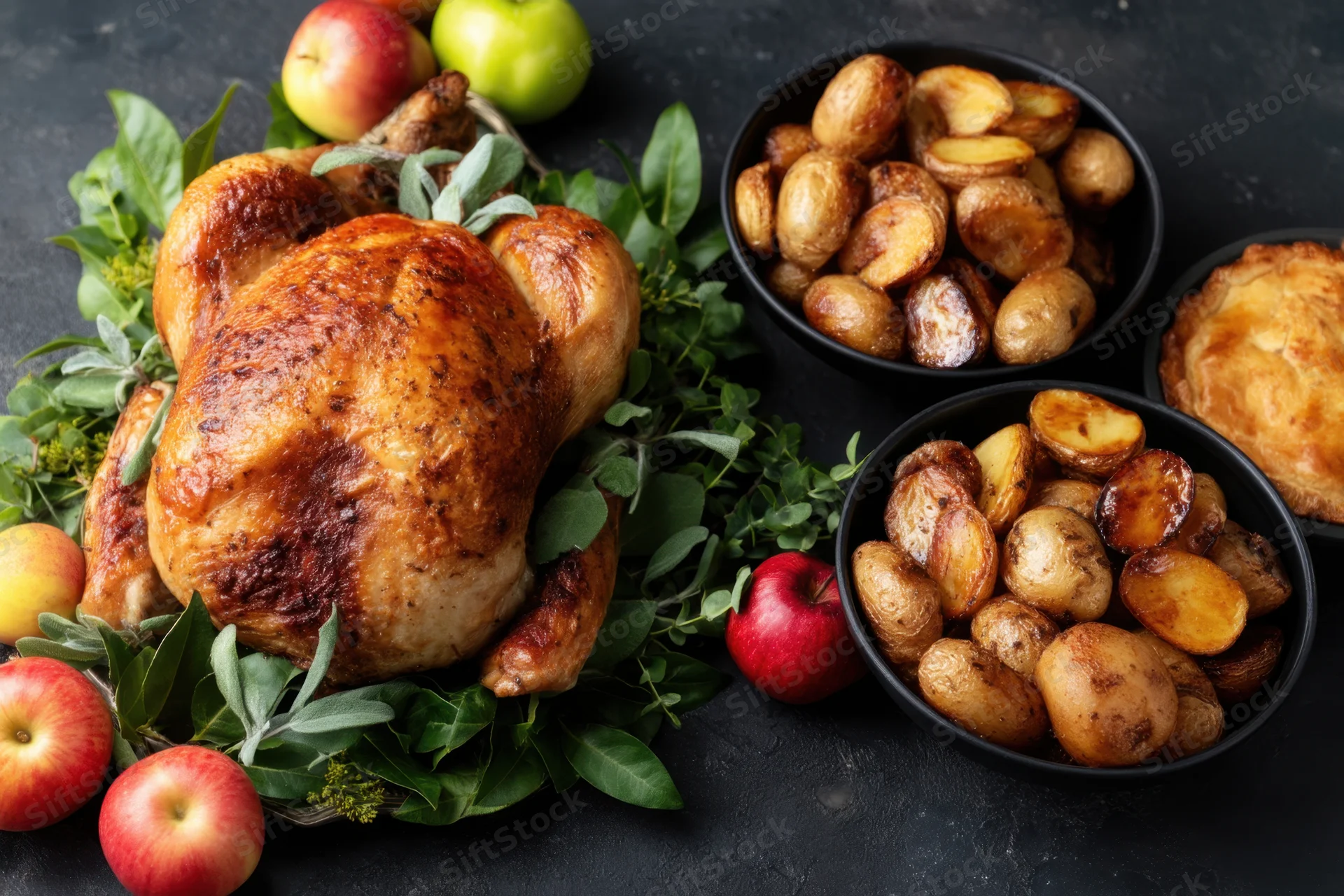 Roasted turkey garnished with sage and apples on a dark table with side dishes of roasted potatoes and apples for thanksgiving dinner