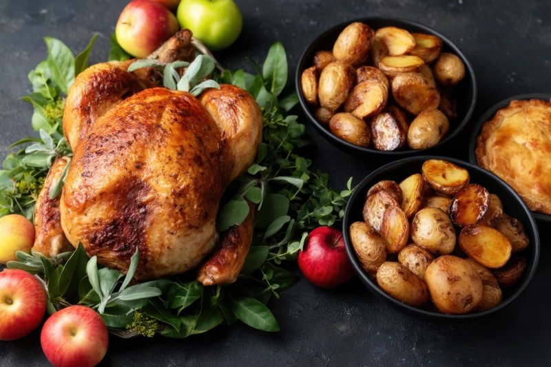 Roasted turkey garnished with sage and apples on a dark table with side dishes of roasted potatoes and apples for thanksgiving dinner