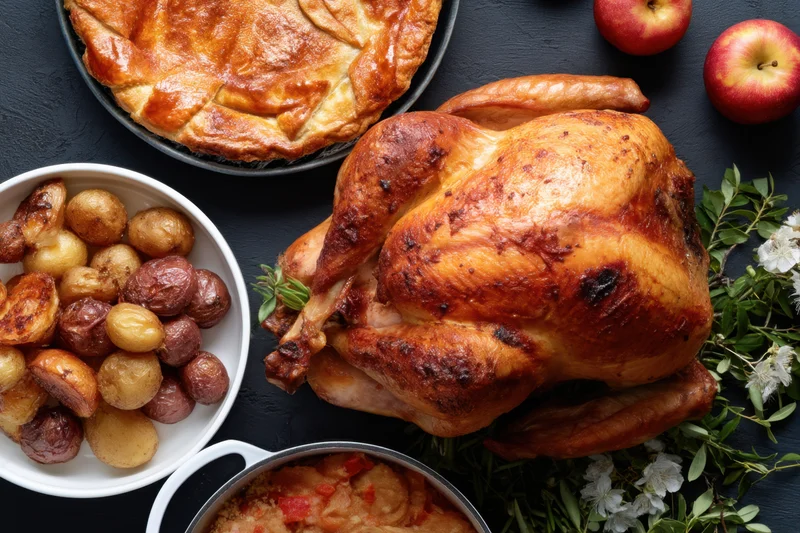 Roasted turkey with side dishes arranged on a dark table for thanksgiving dinner