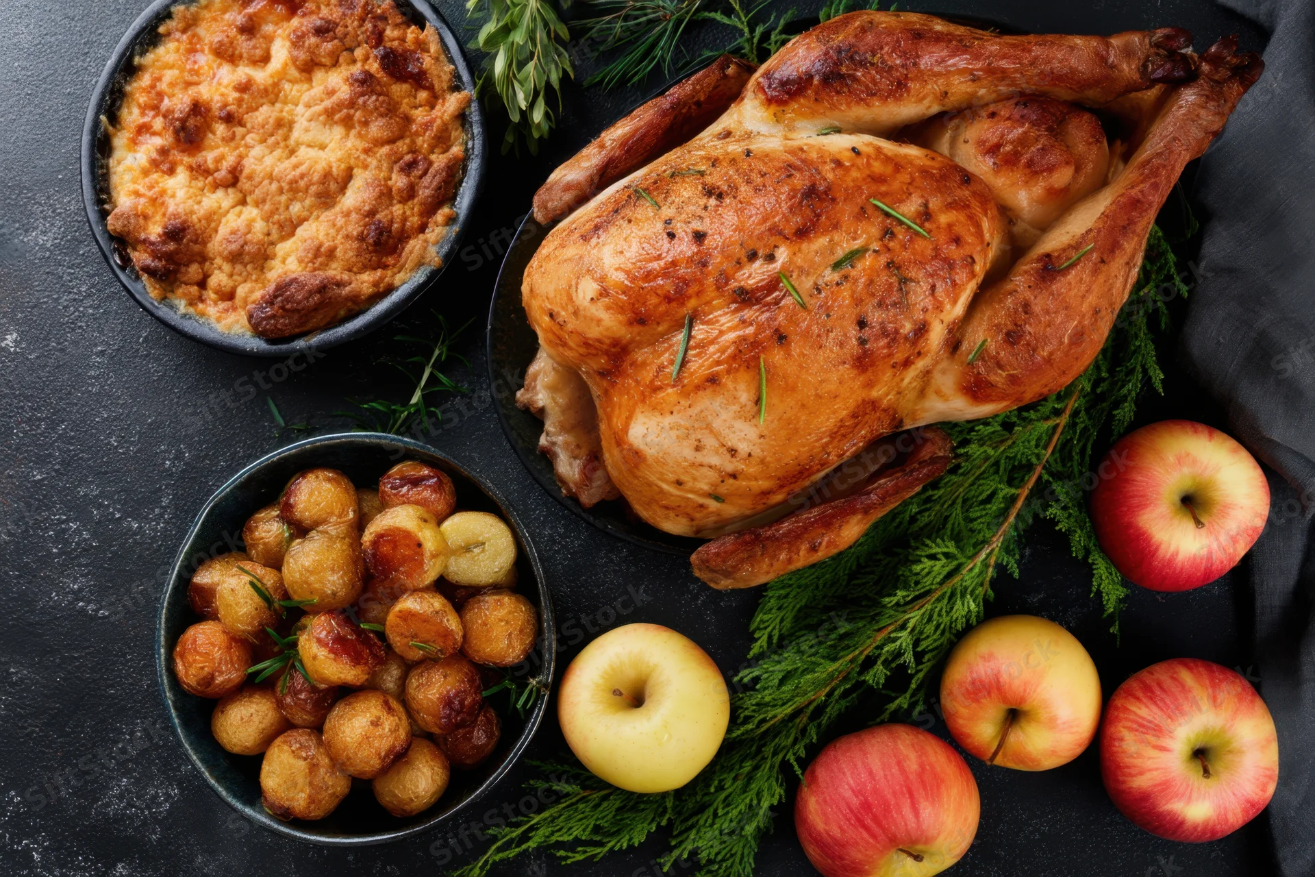 Roasted turkey with side dishes and apples arranged on dark surface for thanksgiving dinner