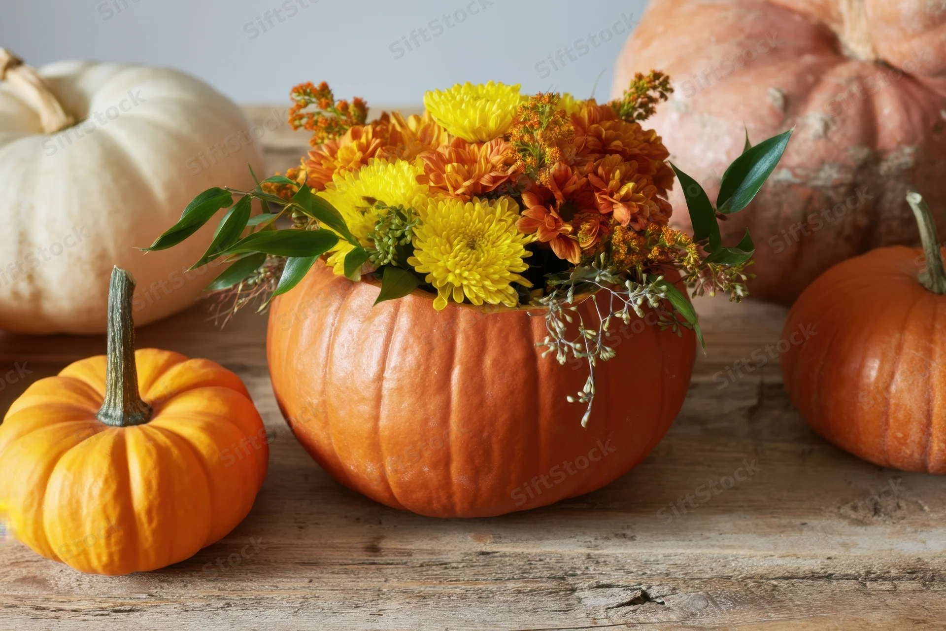 Floral arrangement in hollowed pumpkin centerpiece on wooden table surrounded by pumpkins