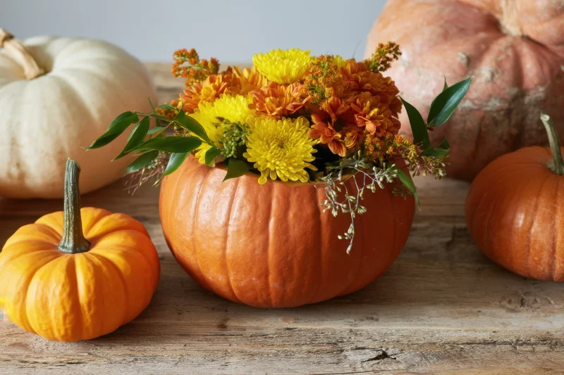 Floral arrangement in hollowed pumpkin centerpiece on wooden table surrounded by pumpkins