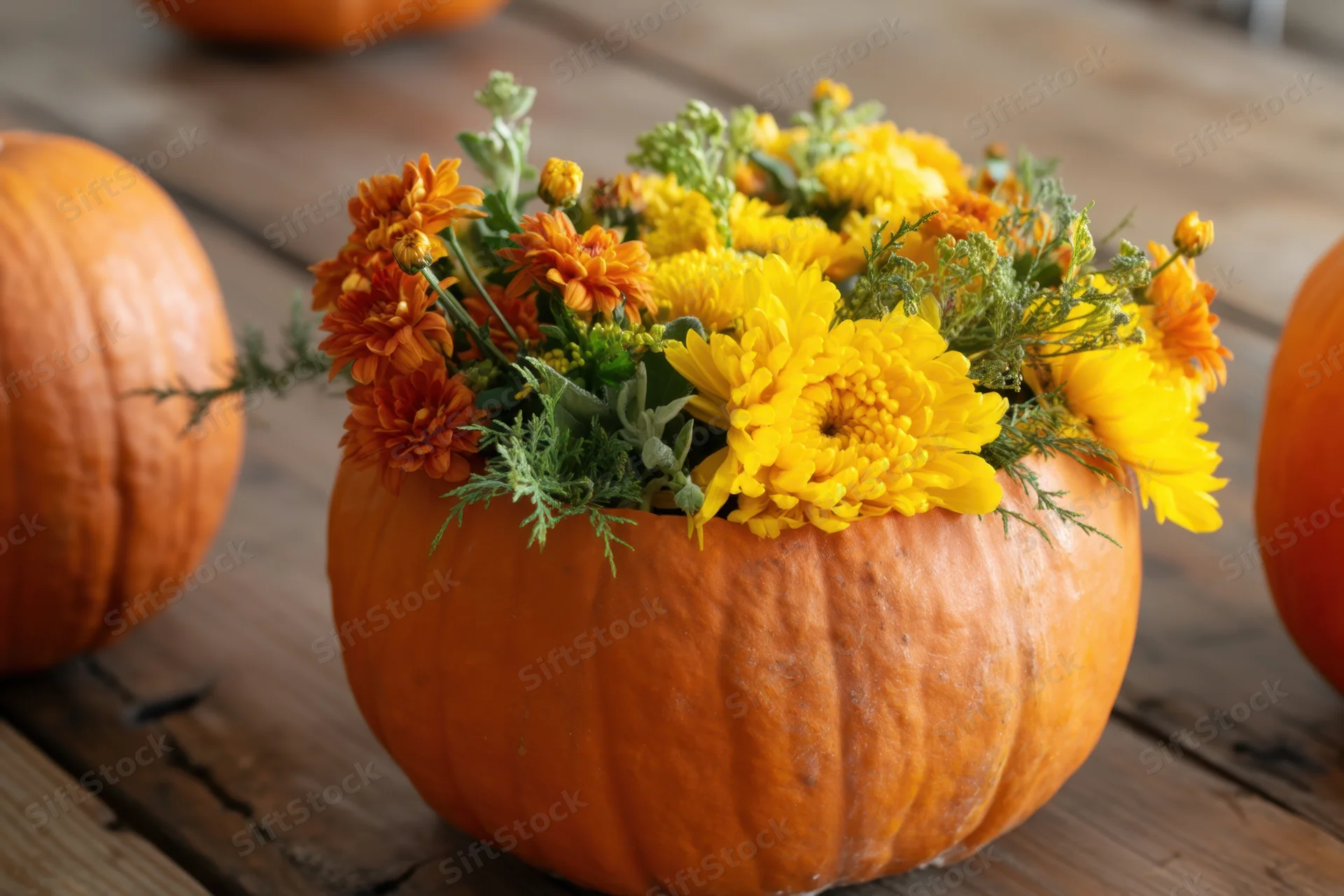 Floral centerpiece arranged in hollowed pumpkin on wooden table