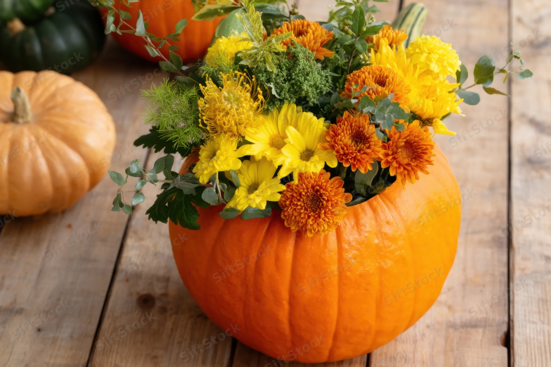 Floral centerpiece arranged in hollowed pumpkin on wooden table