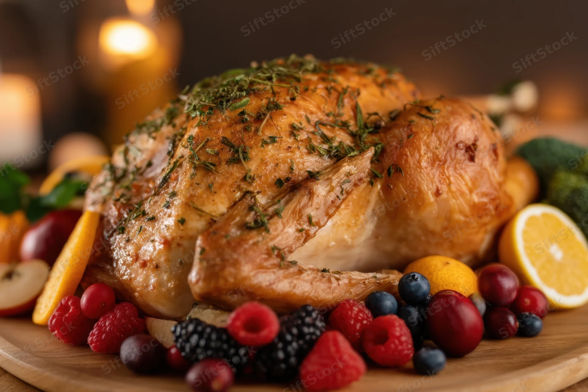 Roasted turkey garnished with herbs and fruit on wooden platter with candlelight background