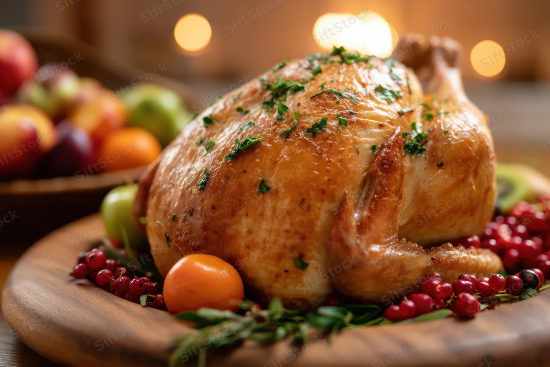 Roasted turkey garnished with herbs and cranberries on a wooden platter surrounded by fruit and greenery for a holiday dinner