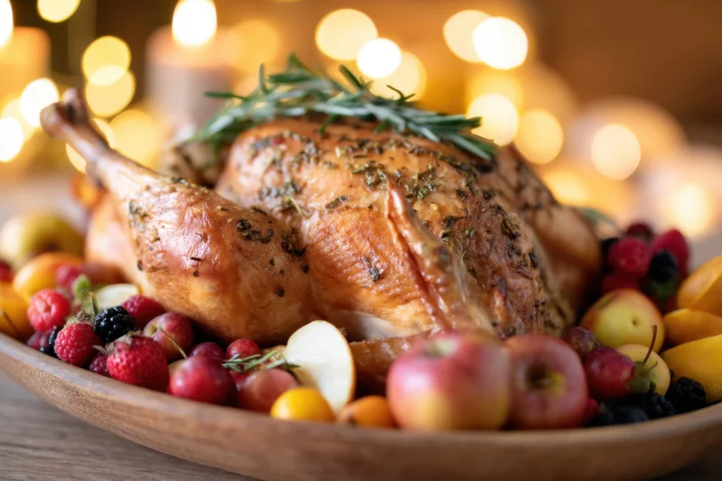 Roasted turkey garnished with rosemary and surrounded by apples and berries on a wooden platter