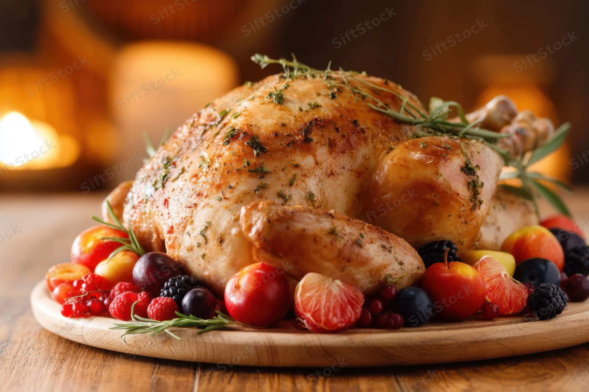 Roasted turkey garnished with fresh herbs and colorful fruits on a wooden platter for holiday dinner