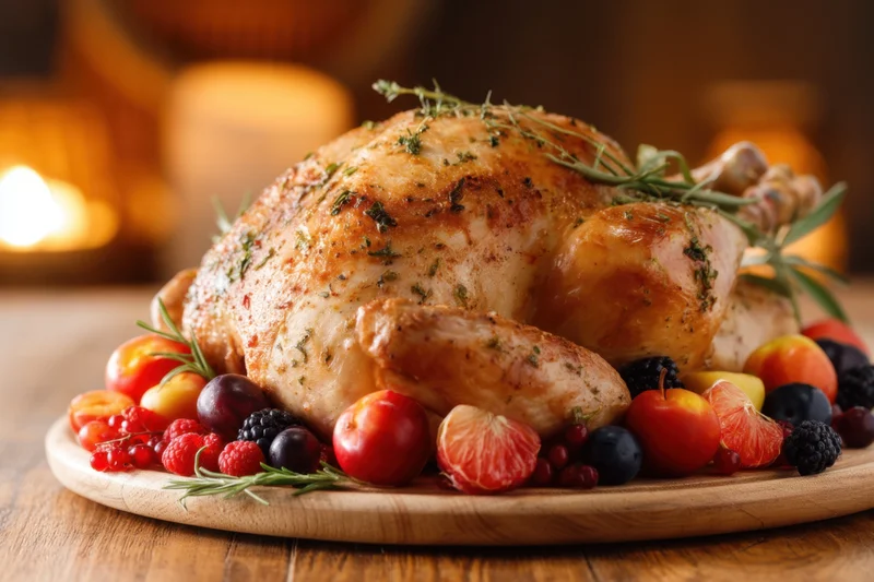 Roasted turkey garnished with fresh herbs and colorful fruits on a wooden platter for holiday dinner