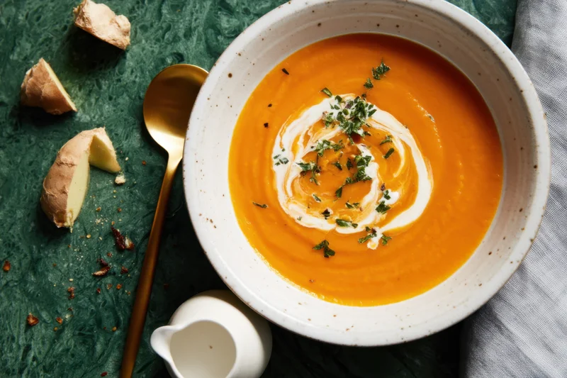 Bowl of orange soup with cream swirl and herbs on green textured surface