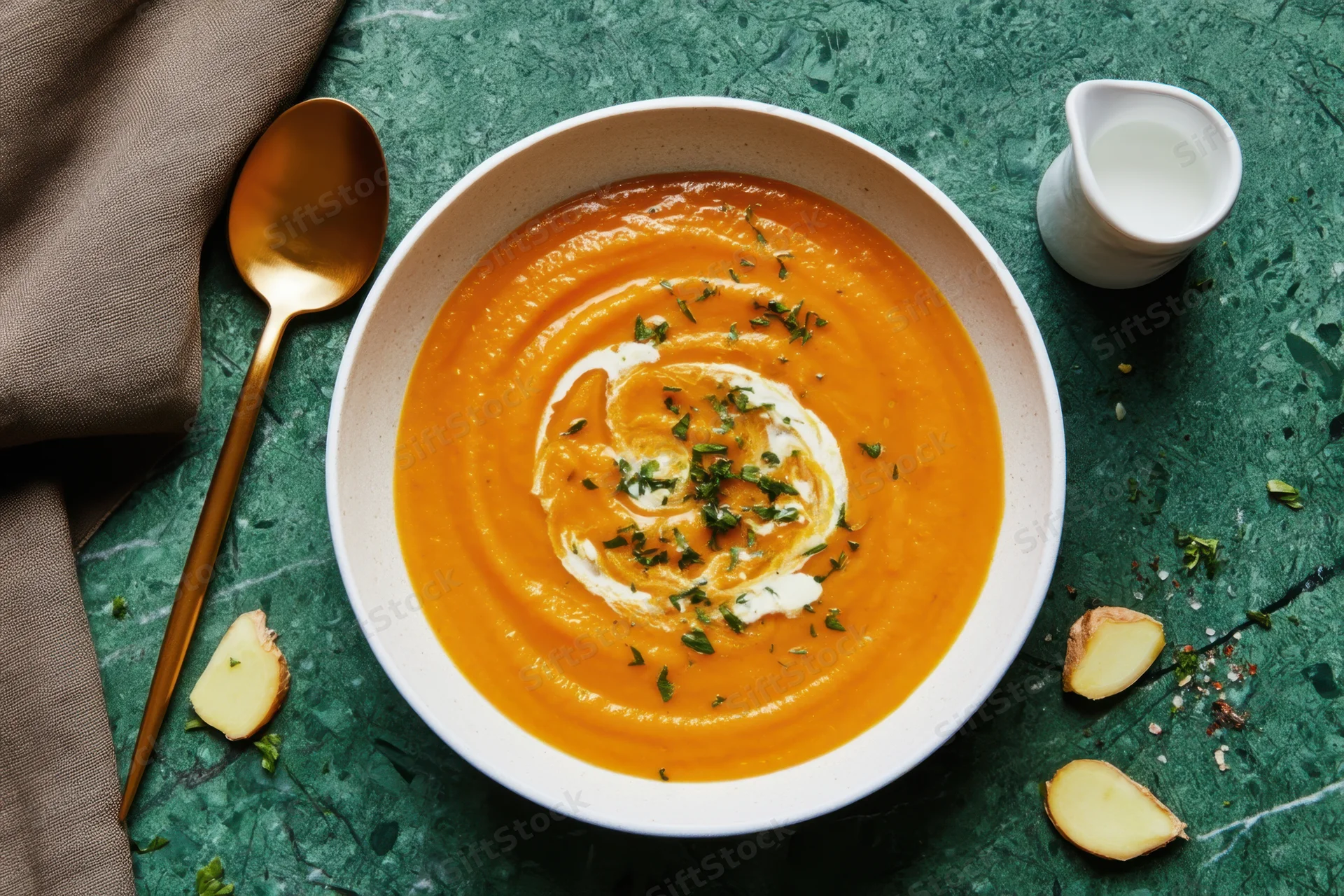 Bowl of orange soup with cream swirl and herbs on green marble surface