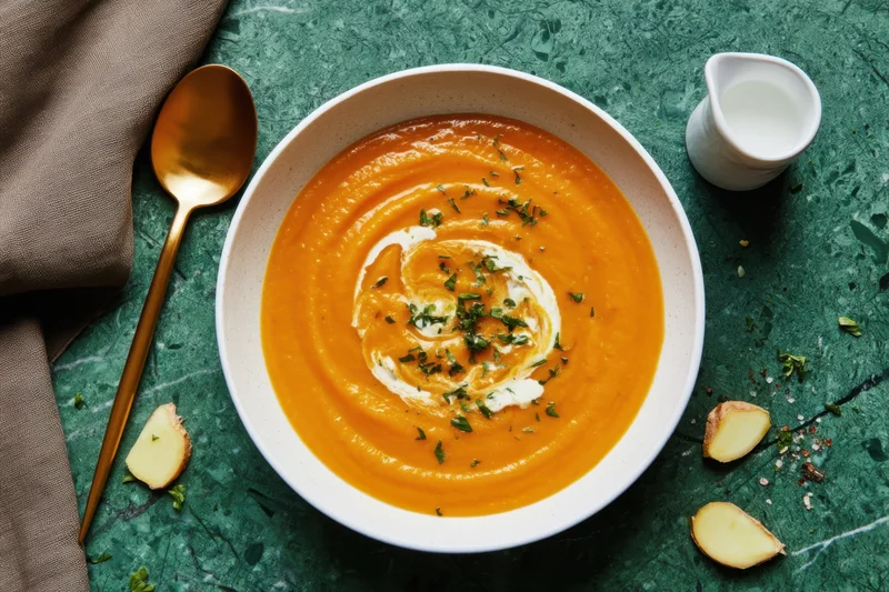Bowl of orange soup with cream swirl and herbs on green marble surface