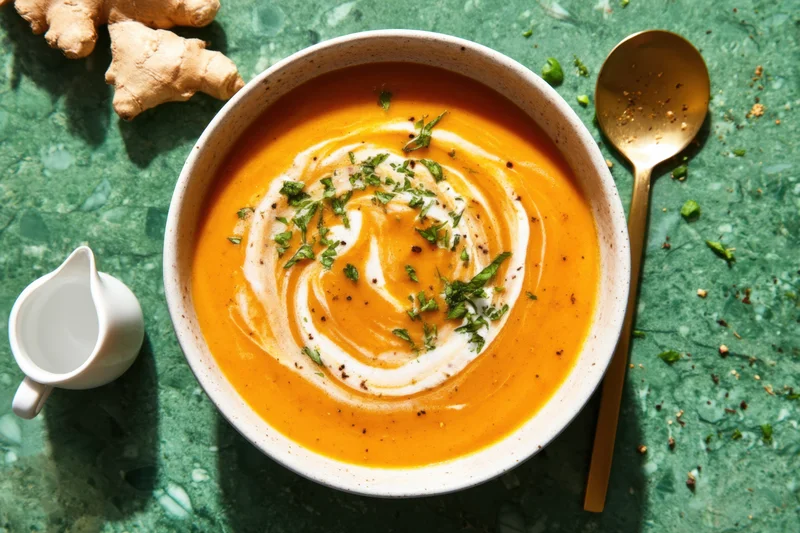 Bowl of orange soup with cream swirl and herbs on green surface