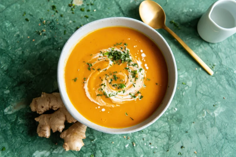 Bowl of orange soup with cream swirl and parsley garnish on green surface
