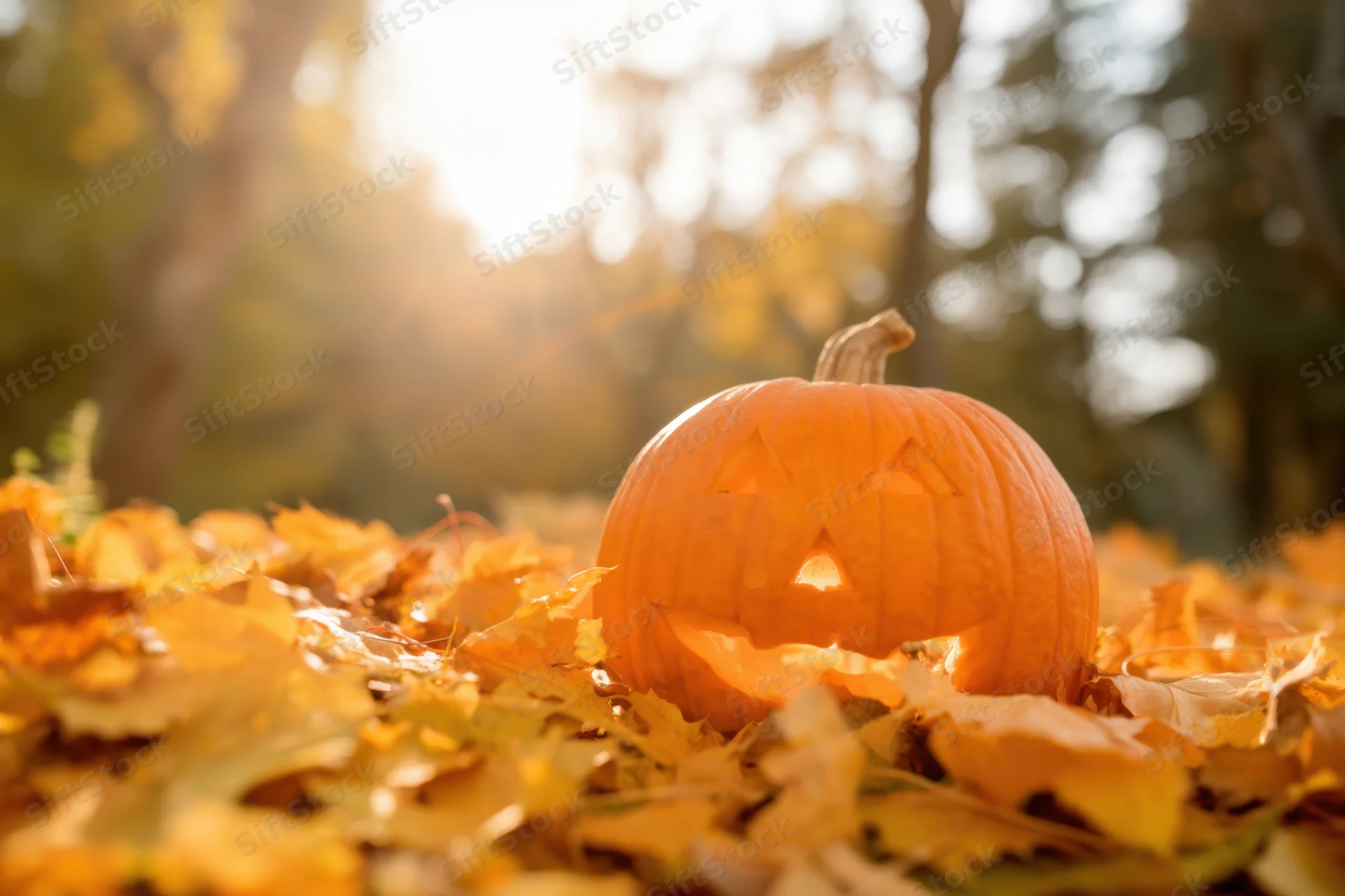 Carved jack-o-lantern resting on a bed of fallen autumn leaves in a sunlit forest clearing