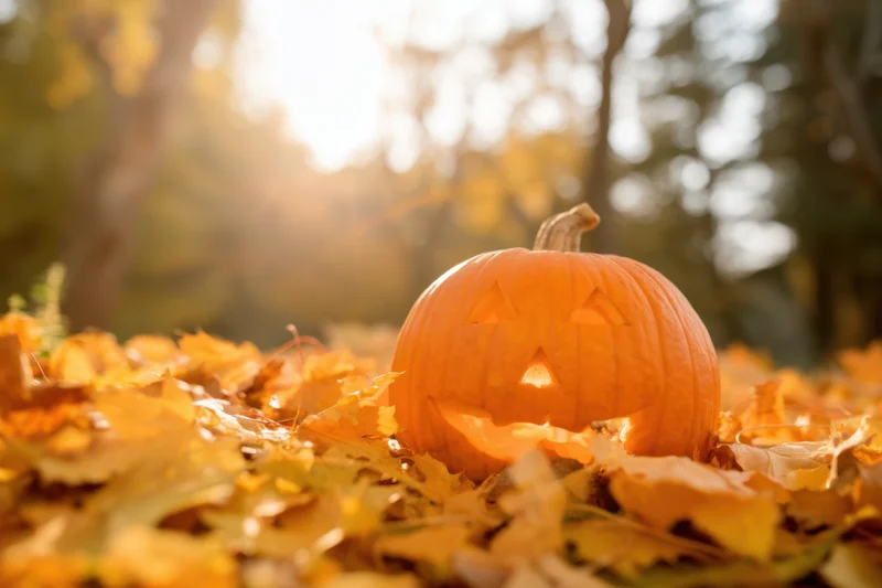 Carved jack-o-lantern resting on a bed of fallen autumn leaves in a sunlit forest clearing