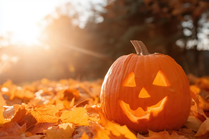 Carved jack-o-lantern resting on a bed of autumn leaves in warm sunlight