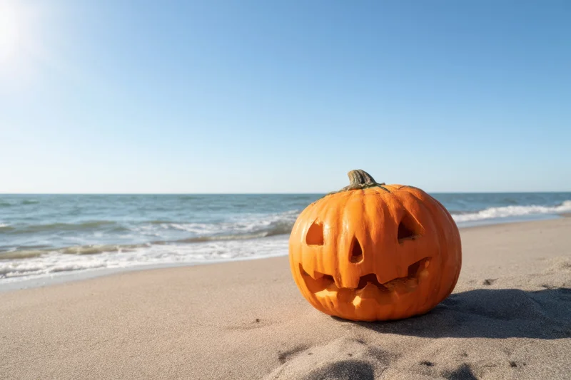 Carved jack-o-lantern resting on sandy beach near ocean waves