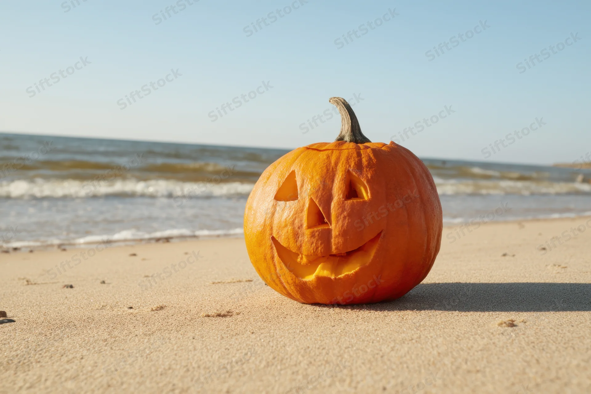 Carved jack-o-lantern sitting on sandy beach near ocean waves