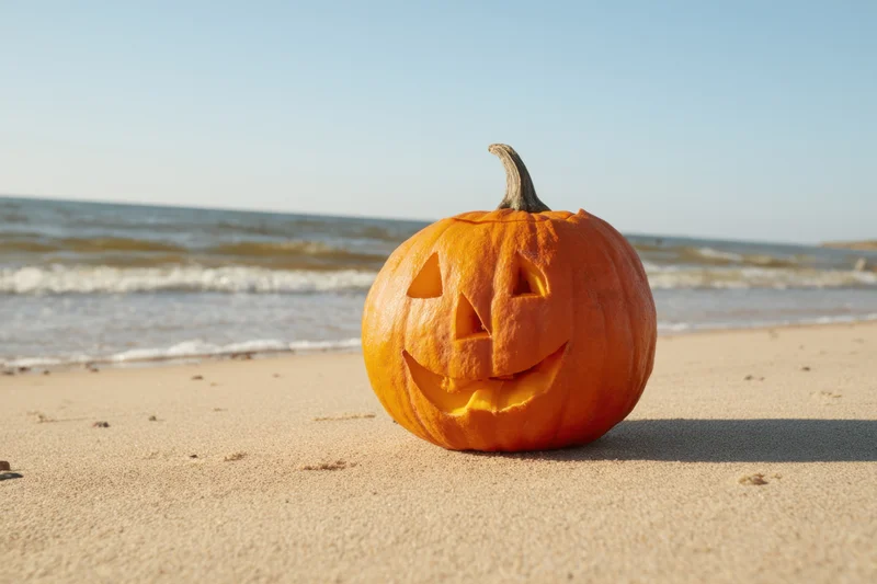 Carved jack-o-lantern sitting on sandy beach near ocean waves