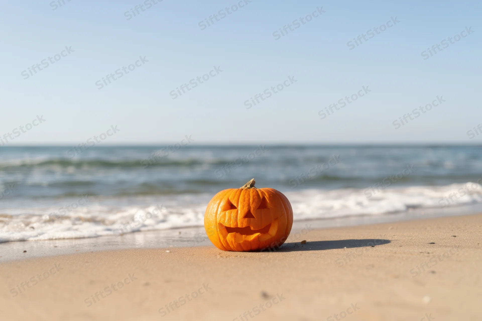 Carved jack-o-lantern resting on sandy beach near ocean waves