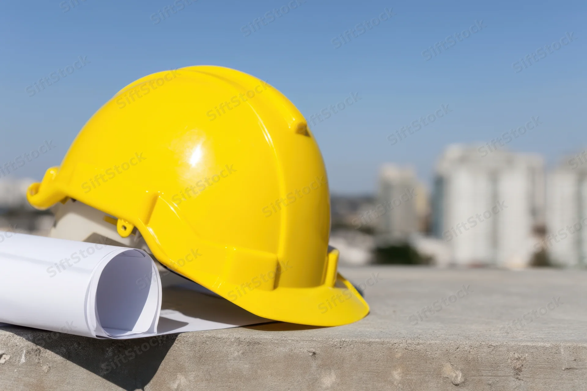 Yellow hard hat resting on concrete with blueprint beside it, overlooking city buildings