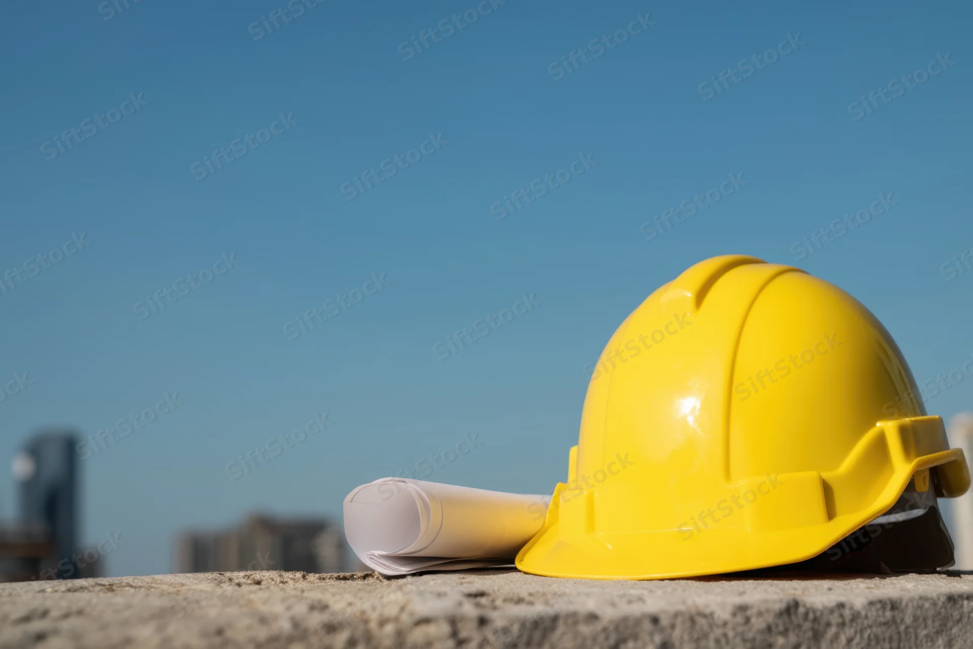 Yellow hard hat resting on concrete with rolled blueprint beside it under clear blue sky