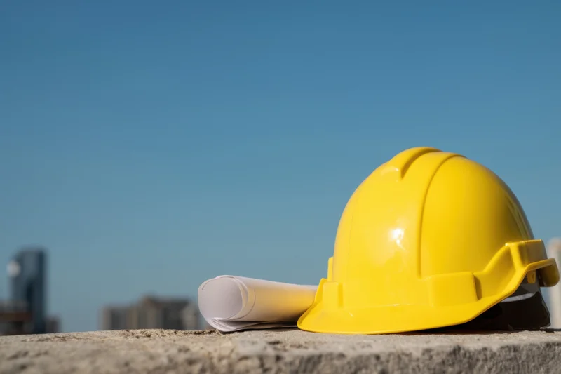 Yellow hard hat resting on concrete with rolled blueprint beside it under clear blue sky