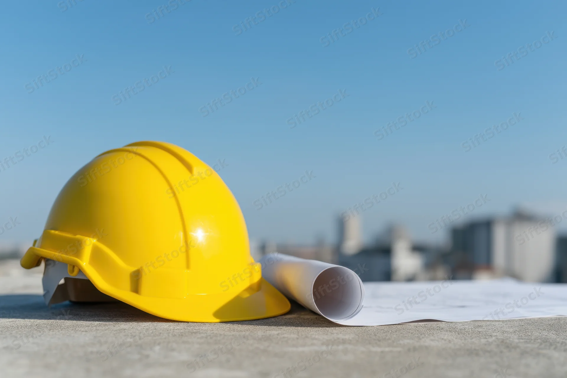 Yellow hard hat resting on concrete with rolled blueprint beside it, city skyline in background