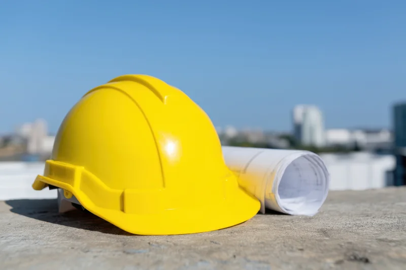 Bright yellow hard hat resting on concrete surface next to rolled blueprint with city skyline in background