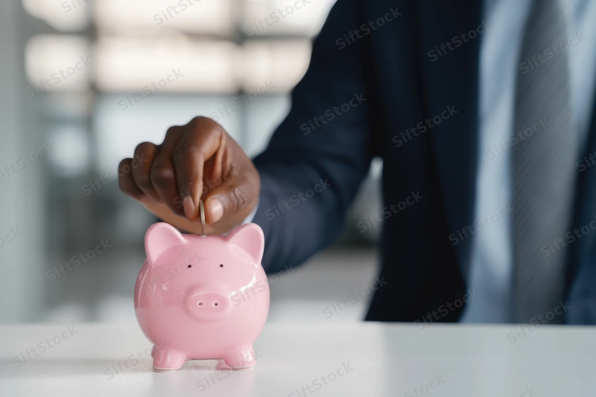 Businessman in suit placing coin into pink piggy bank on office desk