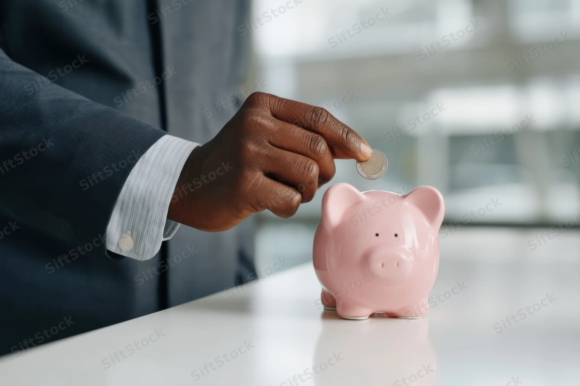 Businessman in suit placing coin into pink piggy bank on office desk
