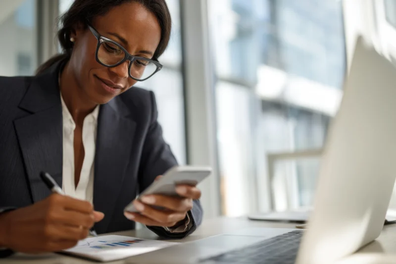 Businesswoman writing on document while using smartphone at office desk near window