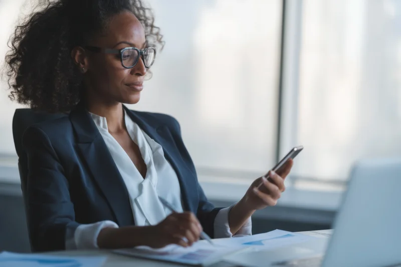 Businesswoman in suit using smartphone and pen at desk in modern office