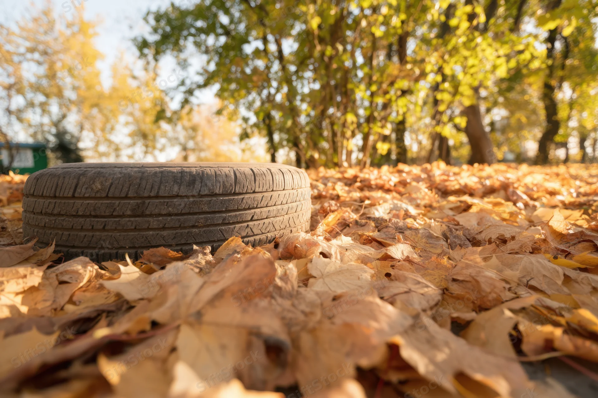 Old tire resting on a carpet of dry autumn leaves in a forest clearing