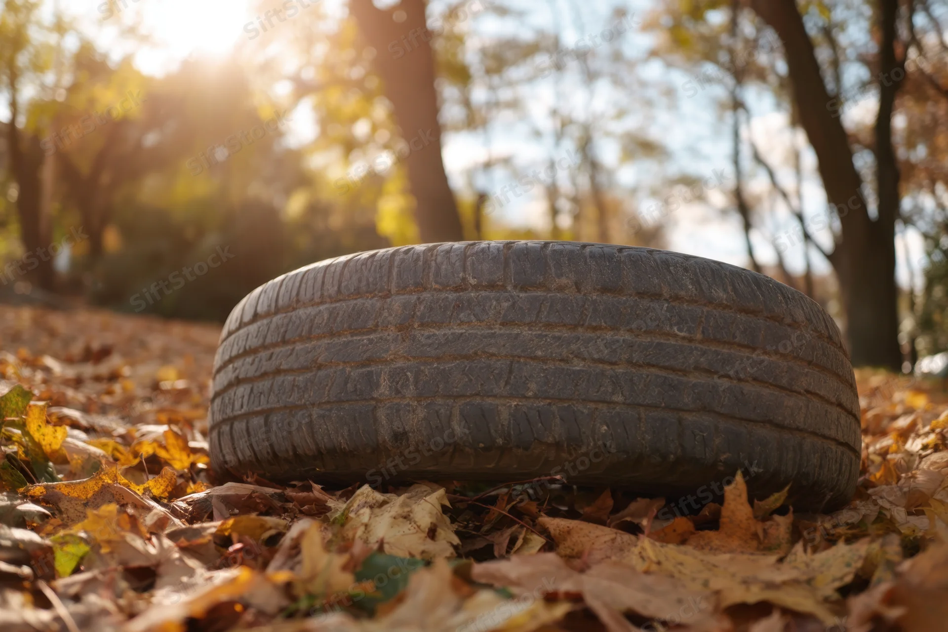 A worn car tire resting on a carpet of fallen autumn leaves in a forest clearing