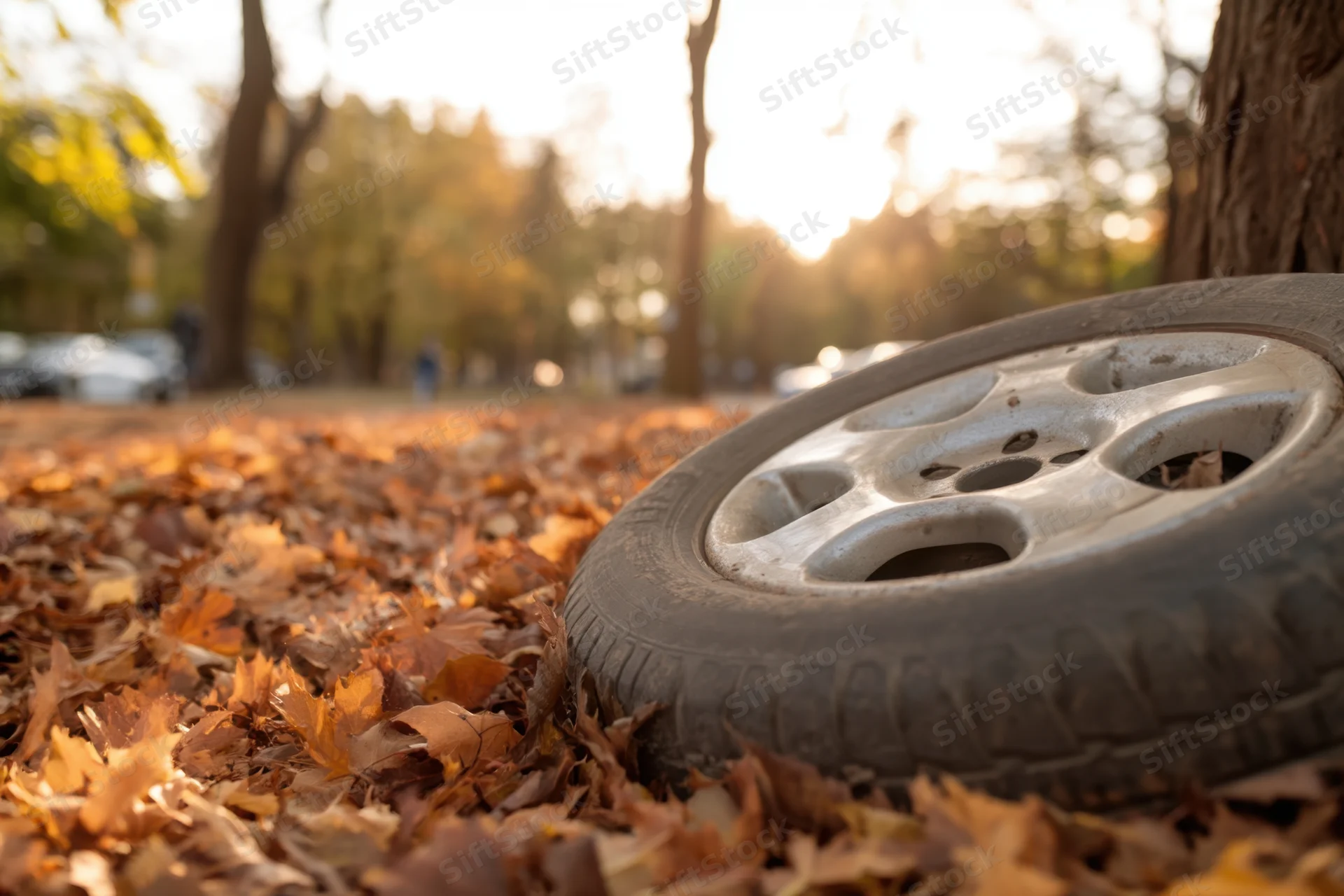 A car tire resting on a carpet of fallen autumn leaves in a park at golden hour