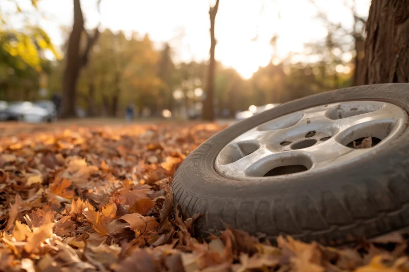 A car tire resting on a carpet of fallen autumn leaves in a park at golden hour
