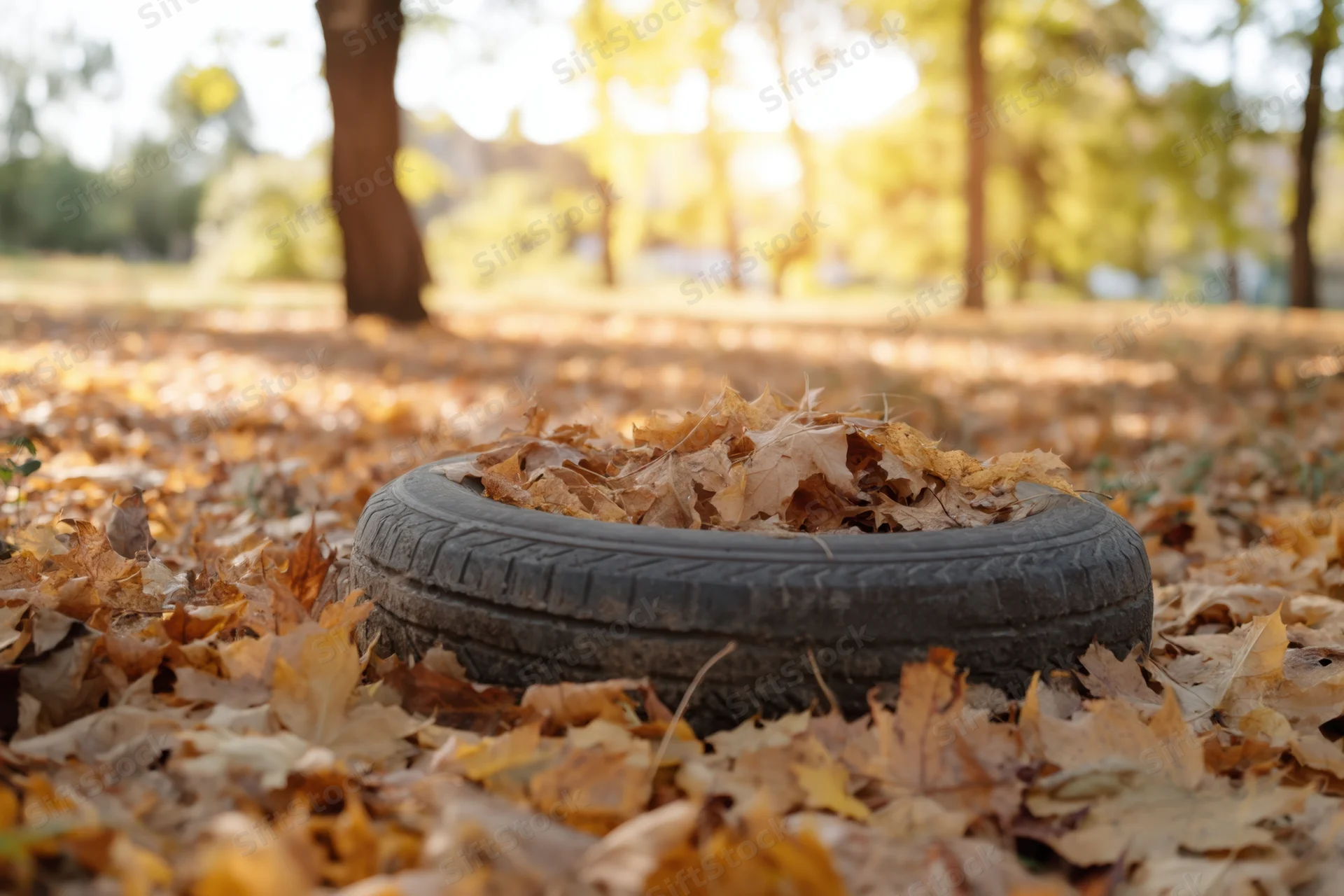 Old tire filled with fallen autumn leaves resting on a carpet of foliage in a park