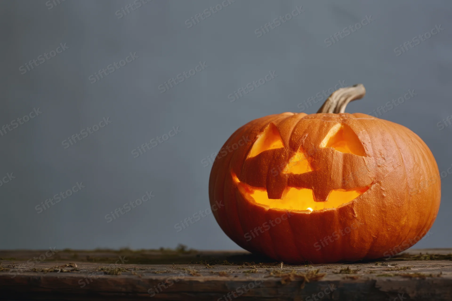 Carved pumpkin with glowing face on wooden table