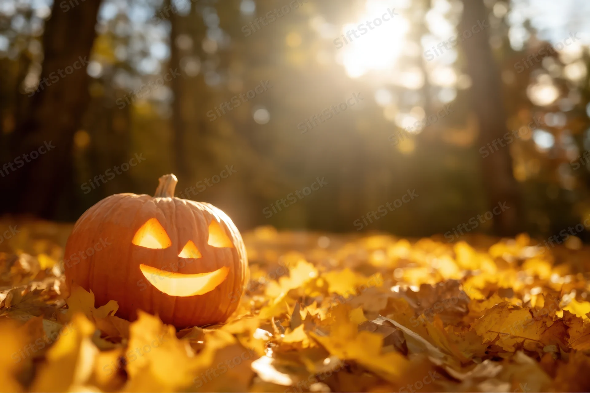 Carved jack-o-lantern glowing softly in a bed of golden autumn leaves in a sunlit forest