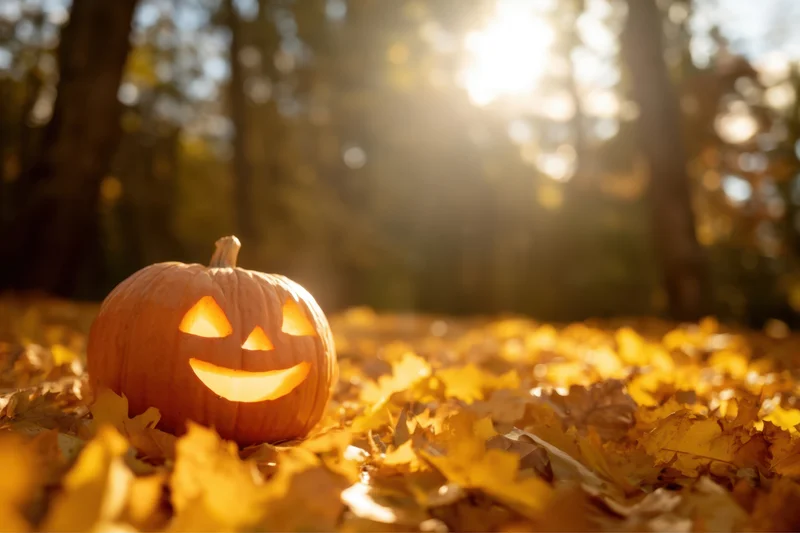 Carved jack-o-lantern glowing softly in a bed of golden autumn leaves in a sunlit forest