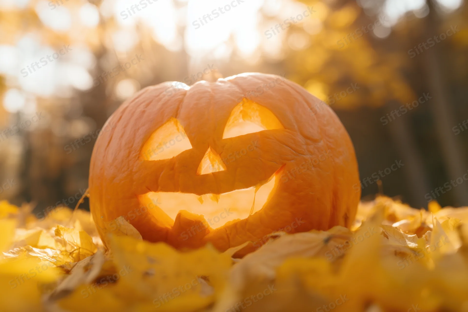 Carved jack-o-lantern glowing softly among golden autumn leaves outdoors