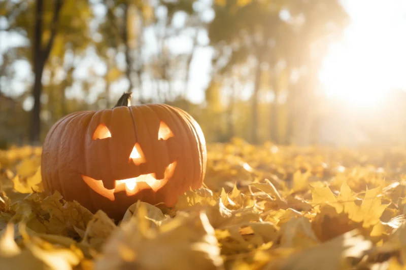 Carved jack-o-lantern glowing softly in a pile of golden autumn leaves outdoors