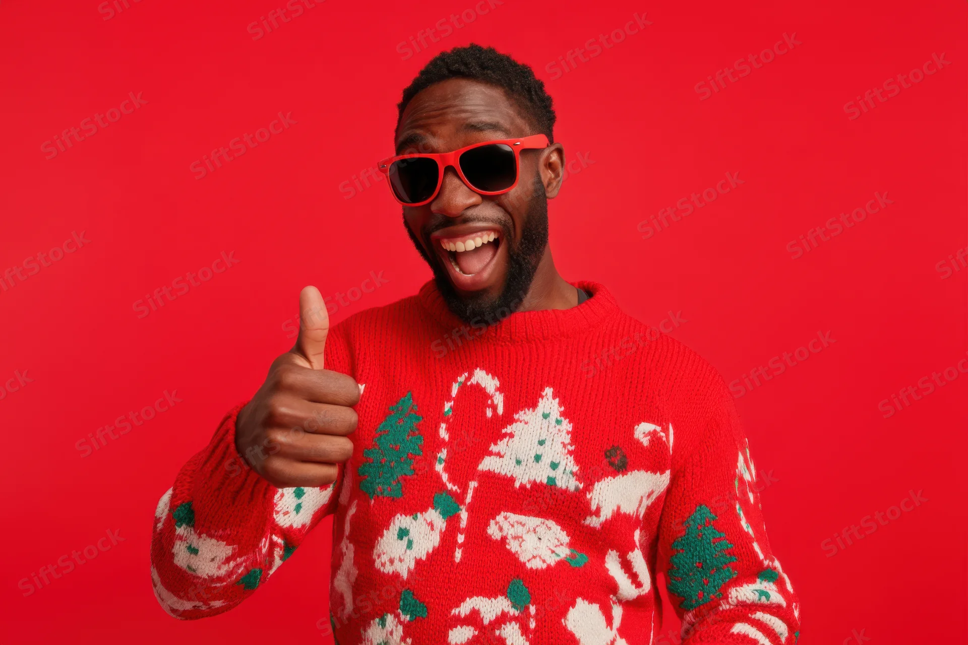 Man in festive red christmas sweater giving thumbs up against red background