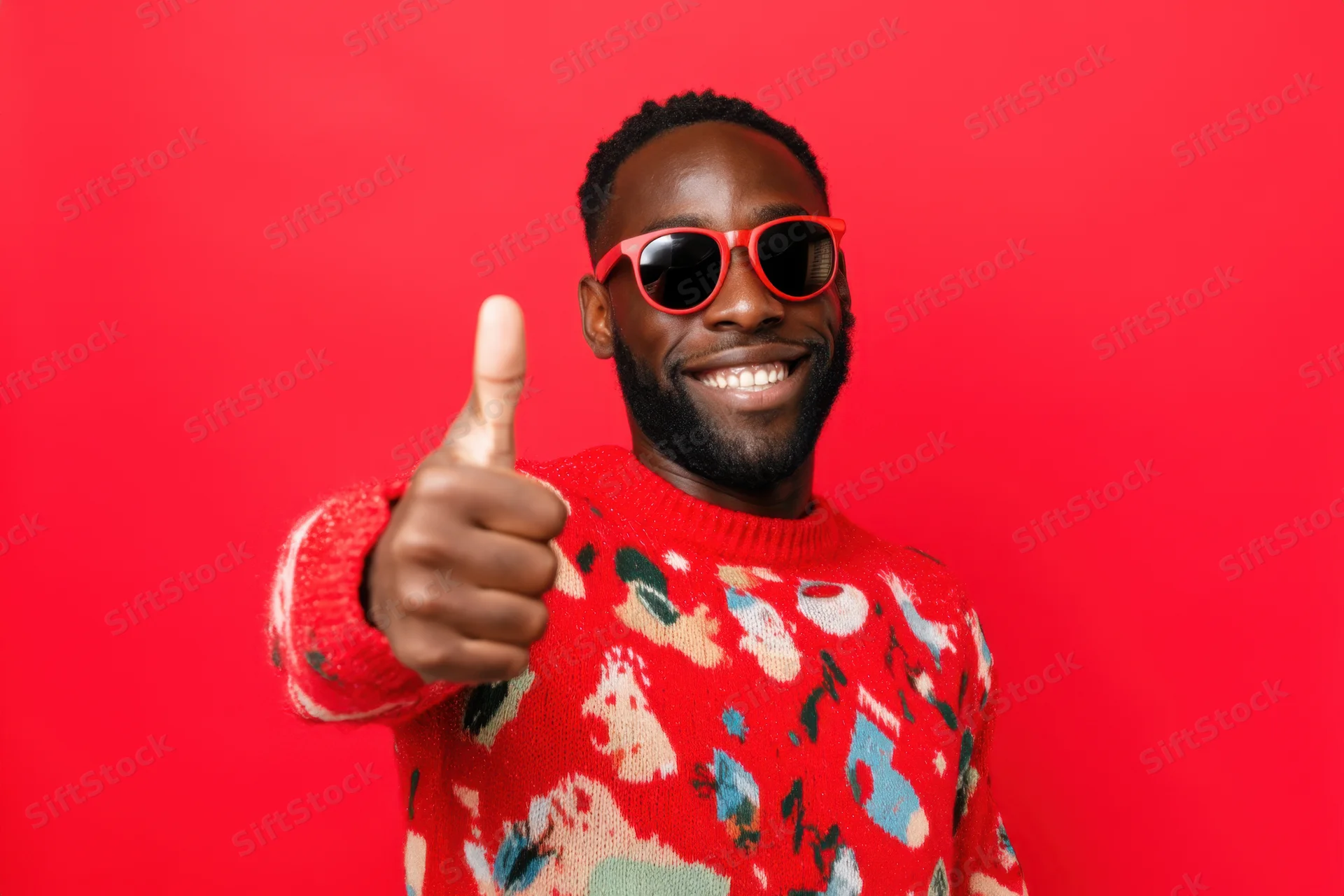 Cheerful man in festive red christmas sweater giving thumbs up against red background