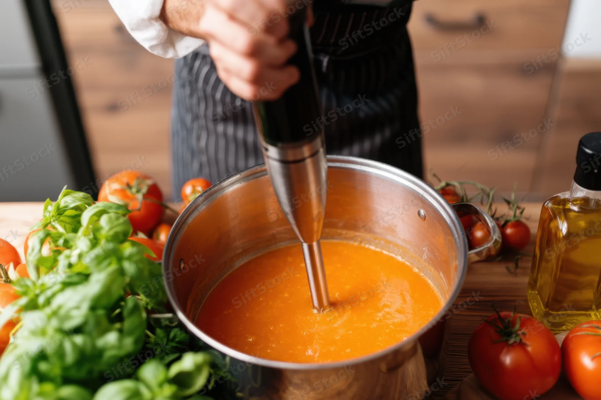 Chef using immersion blender to puree tomato soup in a pot on a wooden kitchen countertop