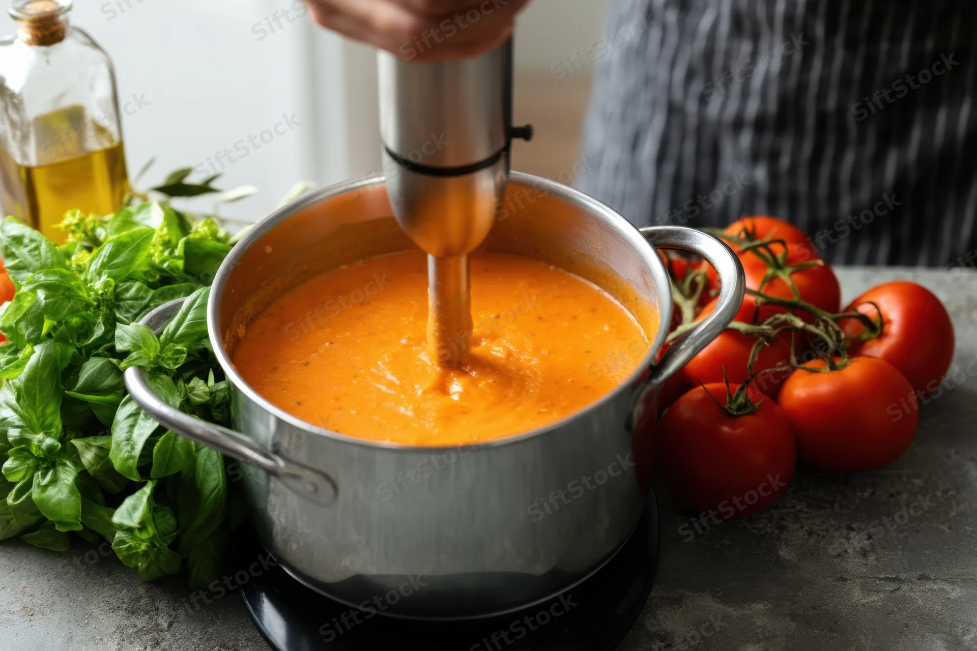 Chef using immersion blender to puree tomato sauce in stainless steel pot on countertop
