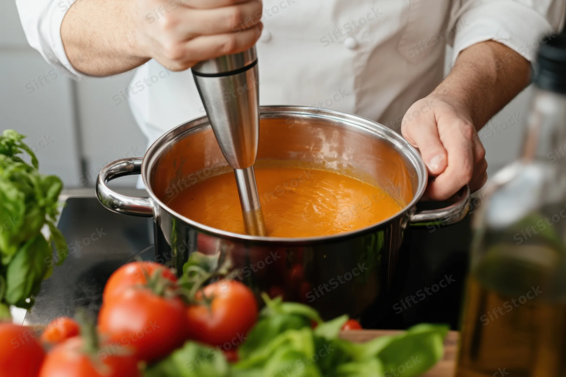 Chef using immersion blender to puree tomato soup in stainless steel pot on kitchen counter