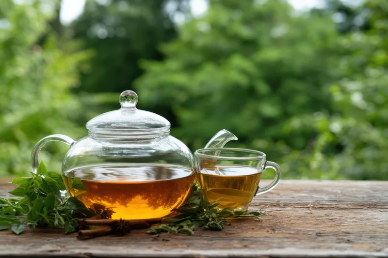 Clear glass teapot and matching cup filled with amber herbal tea on wooden table outdoors surrounded by greenery and spices